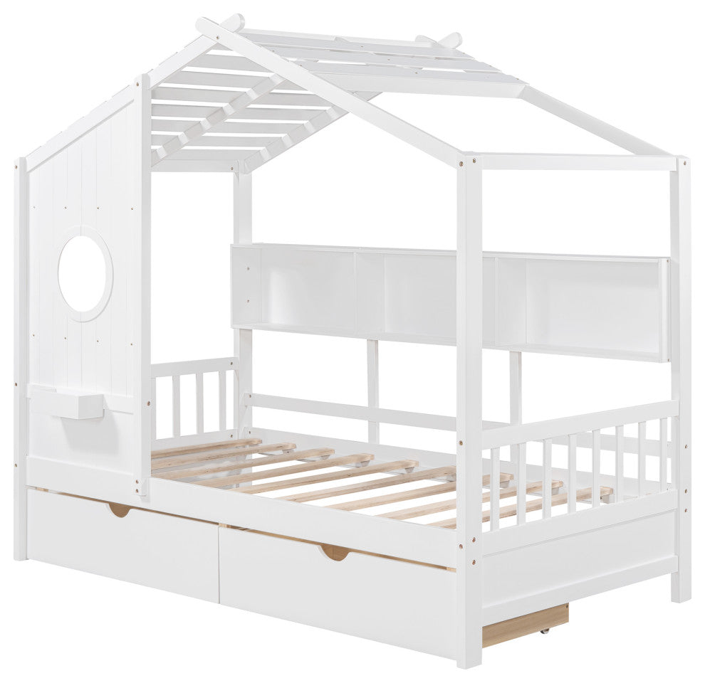 Gewnee  Wooden Twin Size House Bed with 2 Drawers