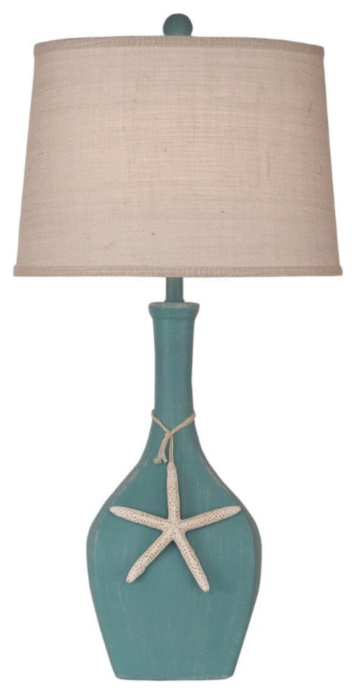 Weathered Turquoise Sea Oval Genie Table Lamp With Starfish Accent