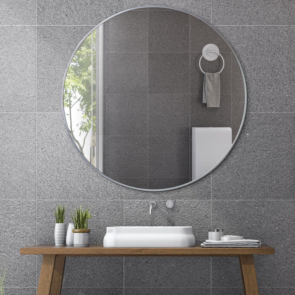 Silver Round Thin Metal Framed Decorative Hanging Mirror - 30 x 30