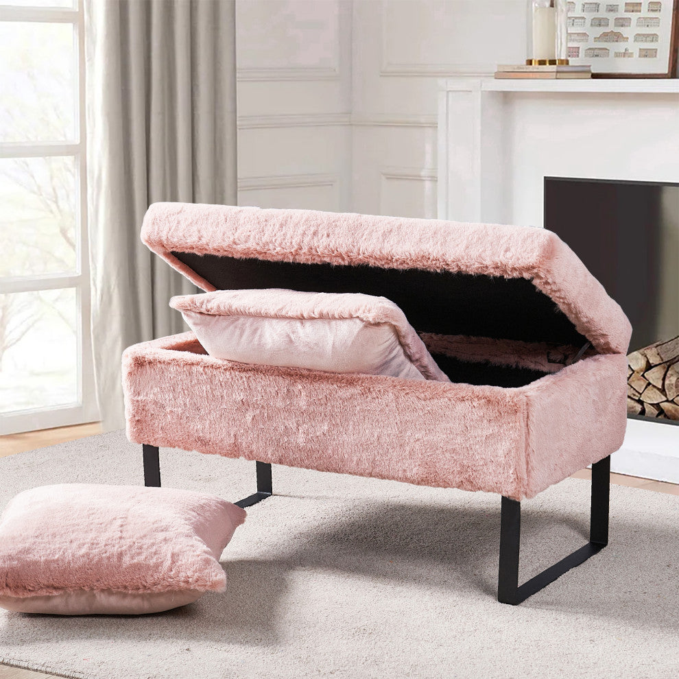 Heavy Faux Fur Storage Rose Quartz Ottoman 18" x 36" x 10"