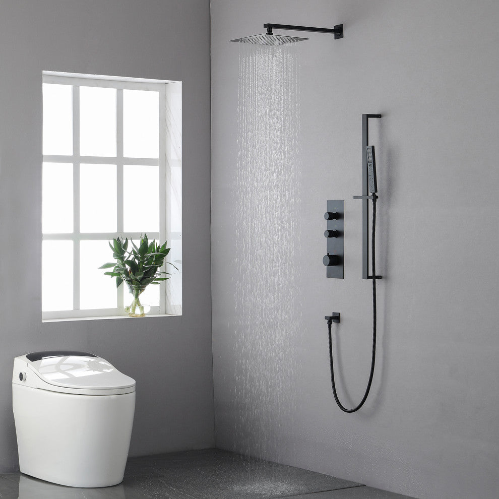 Thermostatic Rain Shower System with Hand Shower-Includes Rough-in Valve, Matte Black