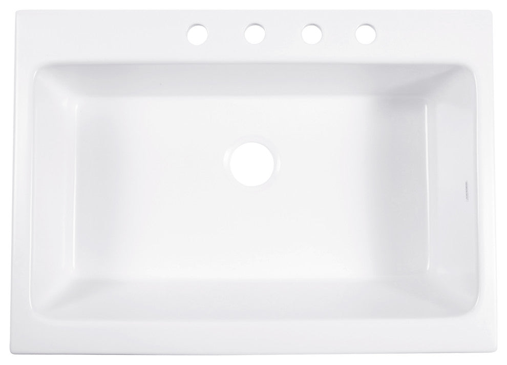 Parker White Fireclay 34" Single Bowl Quick-Fit Drop-In Kitchen Sink, 4 Holes