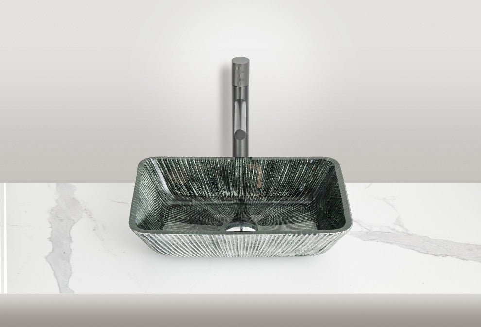 CastelloUSA Arete Rectangular Tempered Glass Vessel Sink Basin, Dark Green