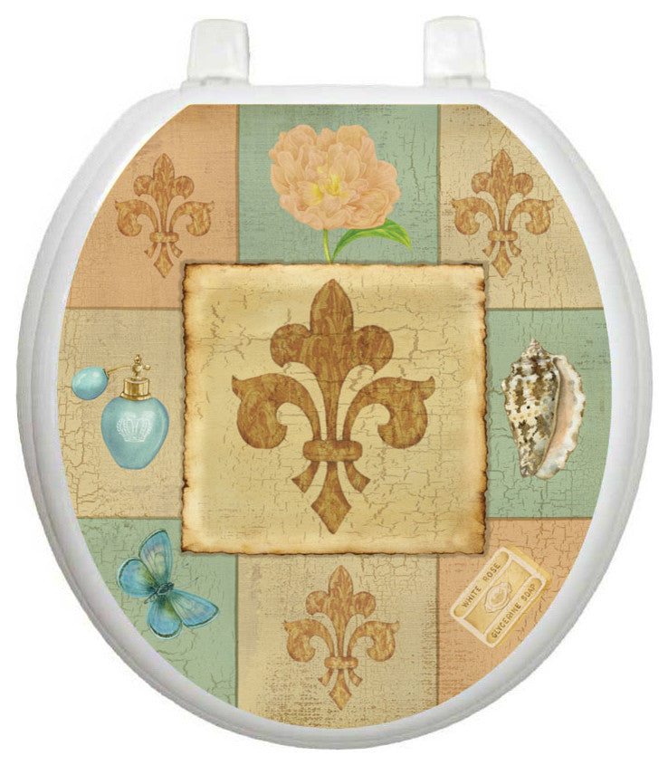 French Lily Collage Toilet Tattoos Seat Cover, Vinyl Lid Decal, Bathroom Accent, Round