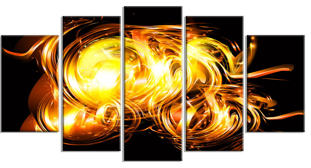 Abstract Fractal Fire on Black, Black, Abstract Canvas Art, 60"x32", 5 Panels