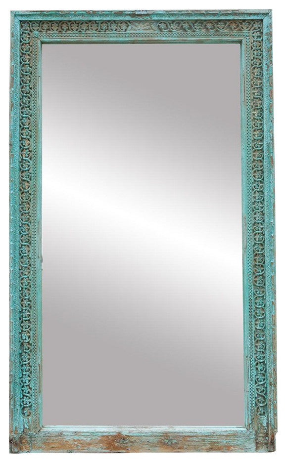 19th Century Indo-French Aqua Carved Floor Mirror