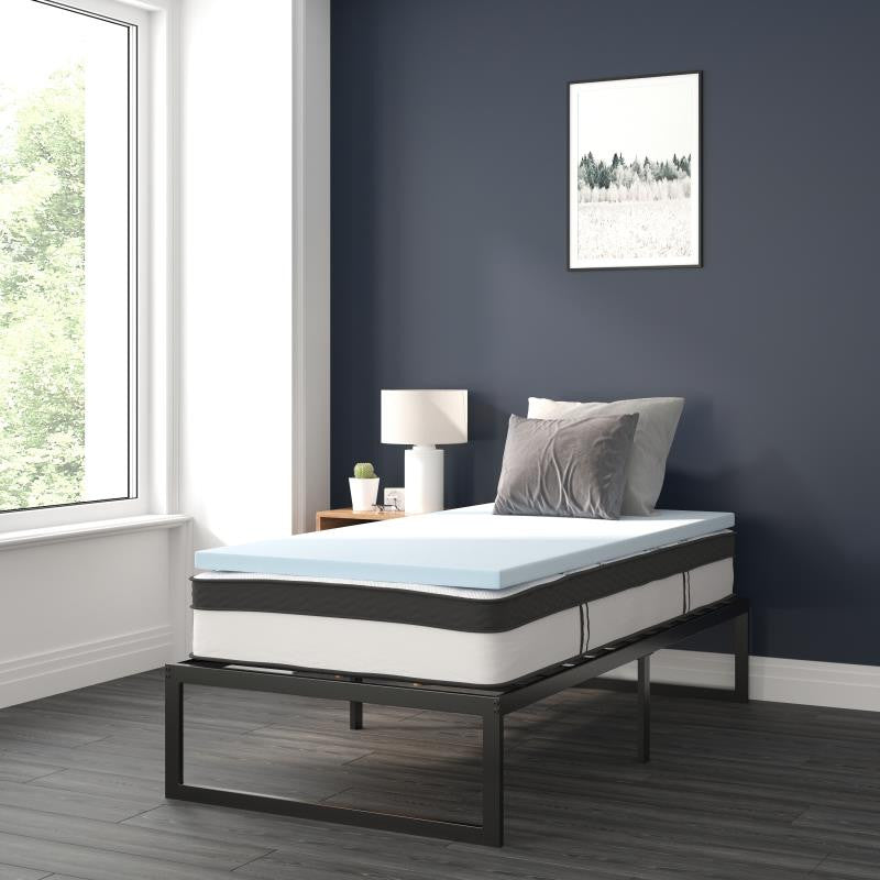 14" Metal Platform Bed Frame, 10" Pocket Spring Mattress & Memory Foam Topper, Black, Twin