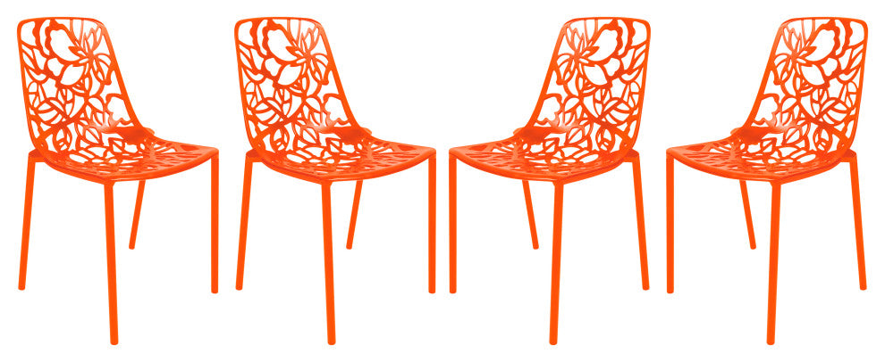 LeisureMod Devon Modern Outdoor Stackable Aluminum Dining Chair, Set of 4, Orange