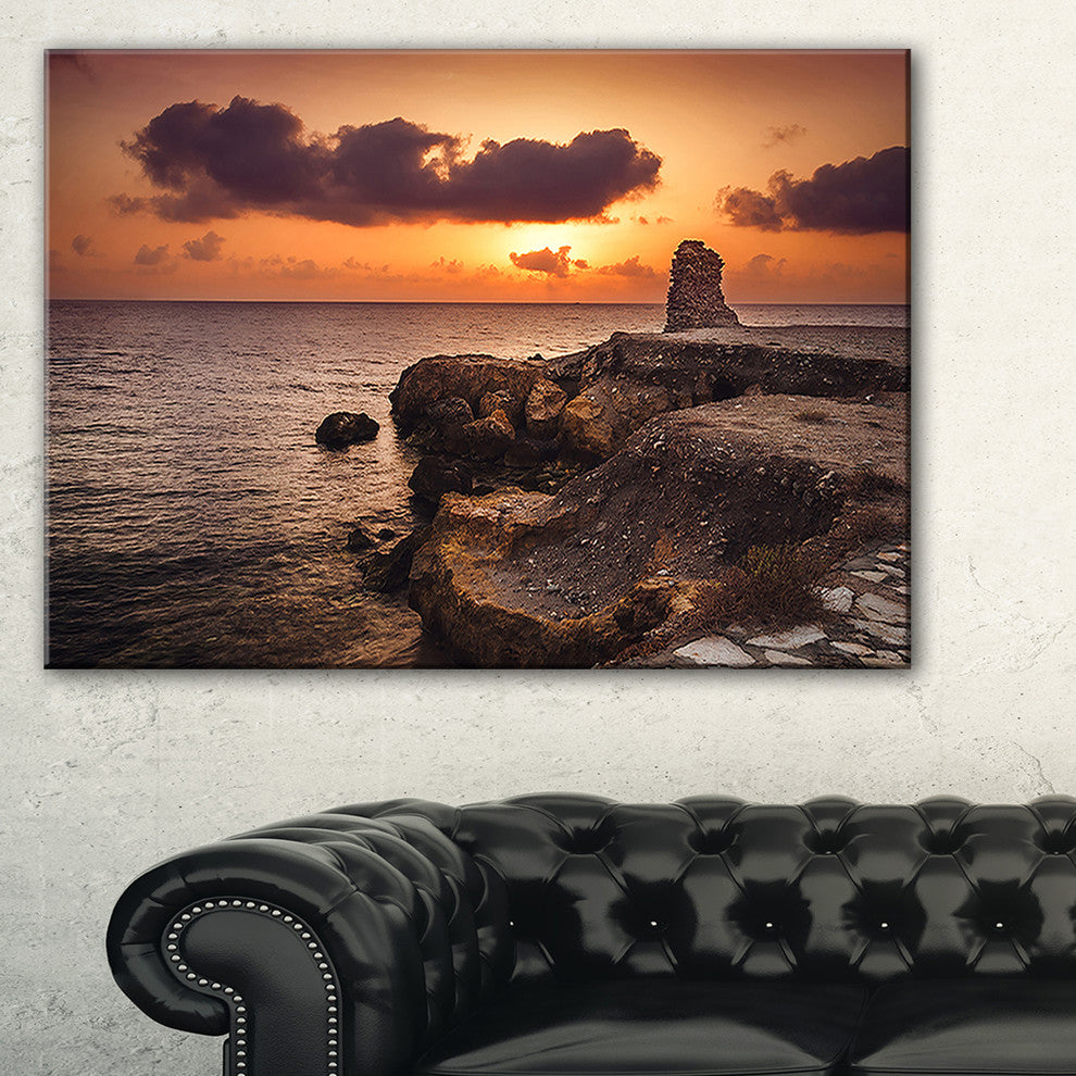 "Beach Sunset With Ancient Ruins" Oversized Beach Canvas Artwork, 40"x20"