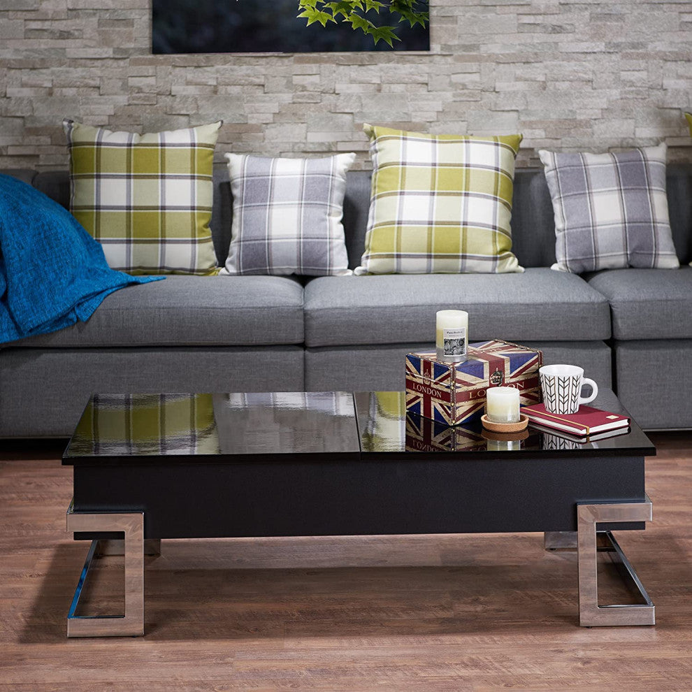 Modern Coffee Table, Unique Design With Chrome Base & Lift Up Tray Top, Black