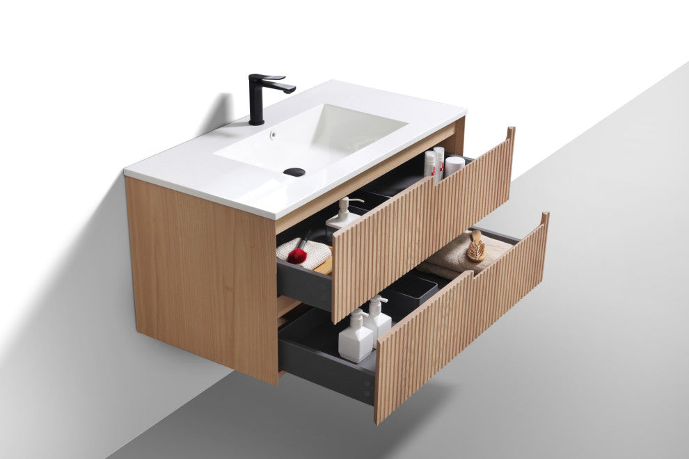 Fiore Wall Mount Modern Bathroom Vanity, Oakwood, 40", Single Sink