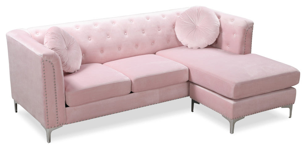 Pompano Velvet Button Tufted Sofa with Chaise, Pink