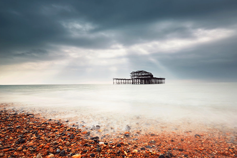 Abandoned West Pier Coastal Seascape VGT Landscape Photo Canvas Wall Art Print, 18" X 24"