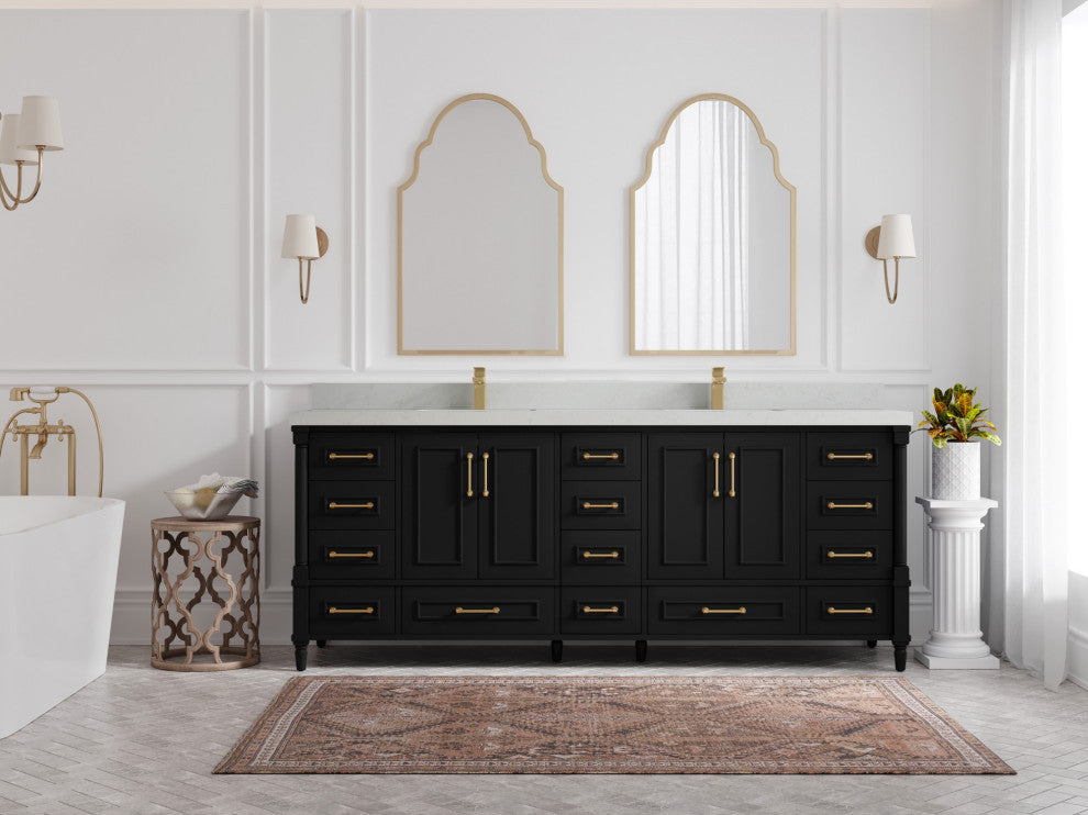 Aberdeen 84 Double Sink Bath Vanity in Black 2" Carrara Quartz