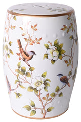 White Garden Stool with Floral and Bird Motif