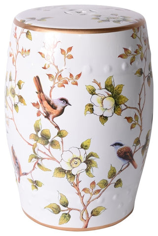 White Garden Stool with Floral and Bird Motif
