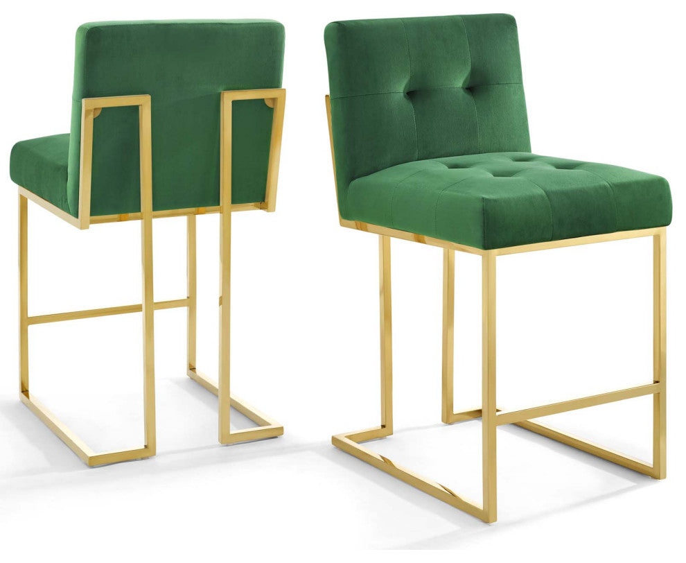 Counter Stool Chair, Set of 2, Velvet, Metal, Gold Green, Modern, Bar Pub Bistro