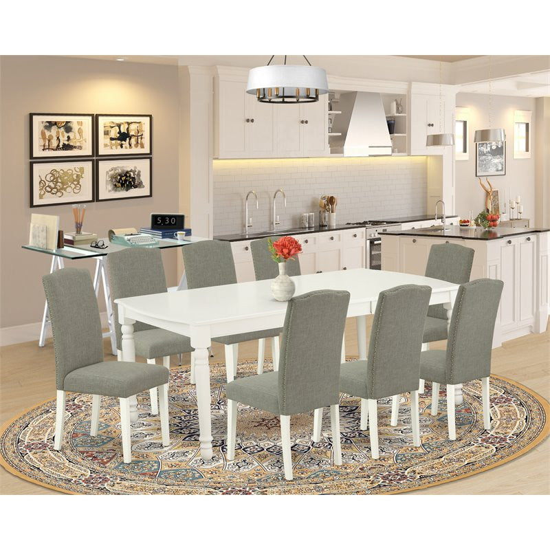 9-Piece 60/78" Table With 18" Leaf and 8 Chair, Linen White Leg and Dark Shitake