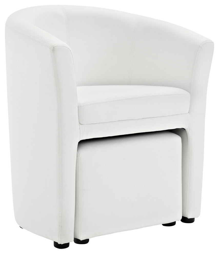 Modern Contemporary Armchair and Ottoman, White Faux Leather
