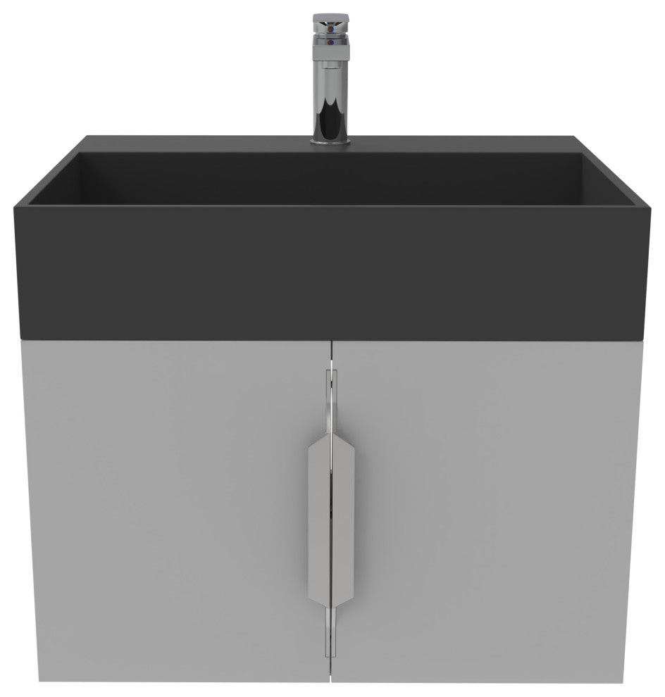 CastelloUSA Amazon 24" Wall Mounted Bathroom Vanity Set, Gray, Black Top, Brushed Nickel
