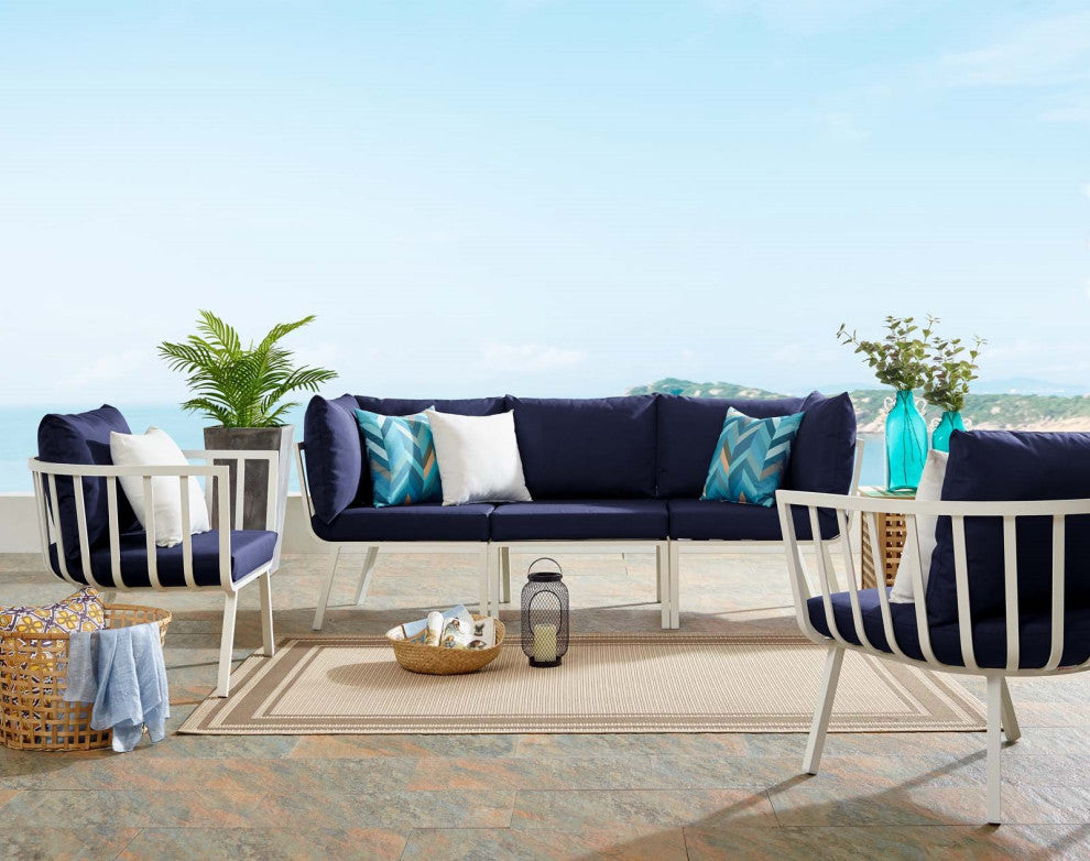 Lounge Sectional Sofa Chair Set, Aluminum, Metal, White Blue Navy, Outdoor