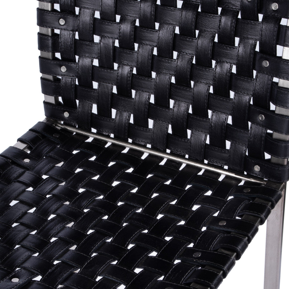 Urban Woven Genuine Leather Rectangular  28" Barstool, Black