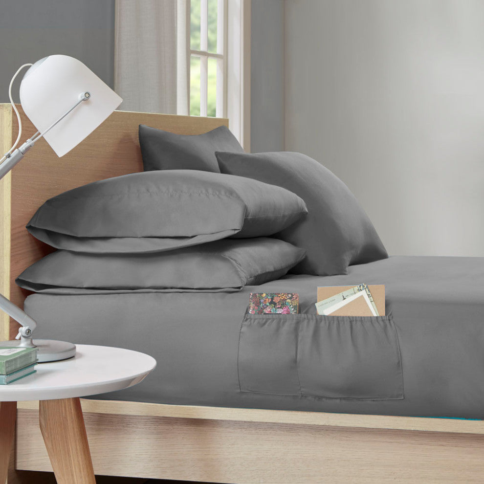 Intelligent Design Microfiber Sheet Set With Side Storage Pockets, Charcoal