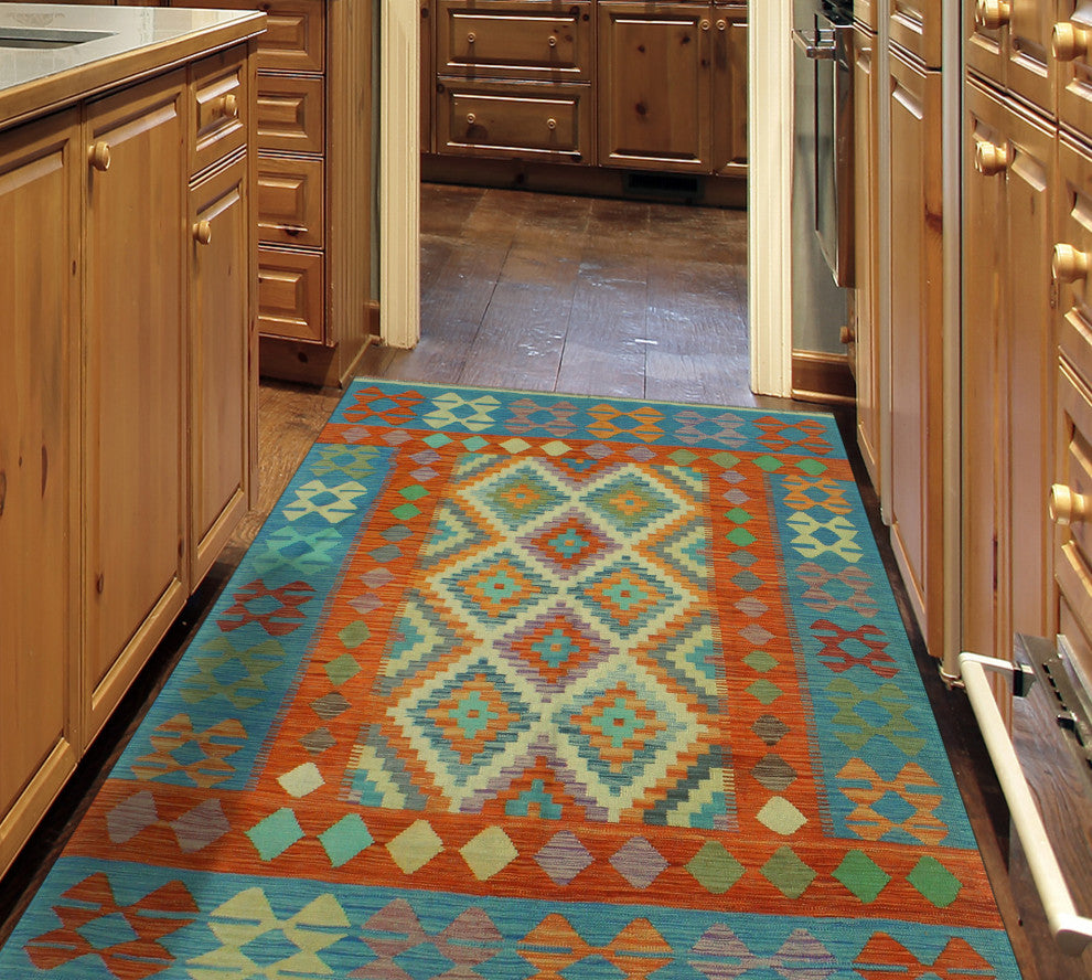 Sangat Flatweave Njemile Rust/Blue Rug, 5'0 x 6'10