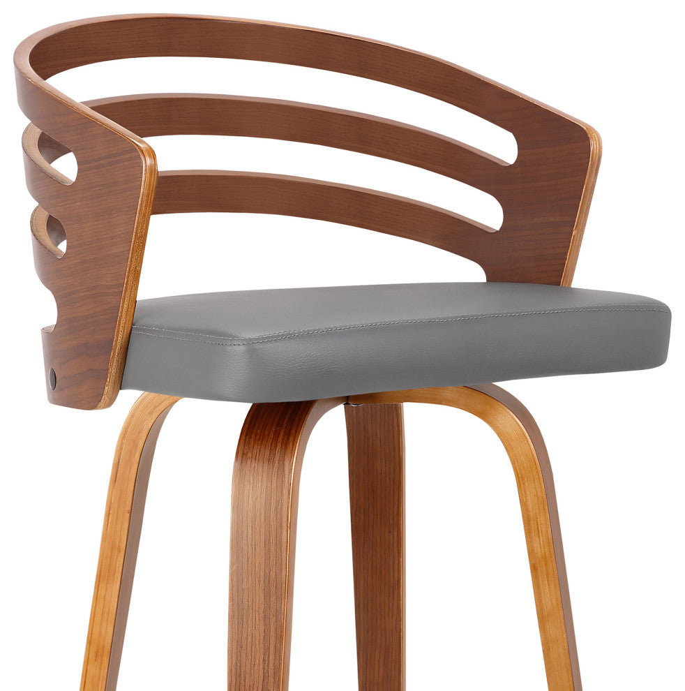 30" Gray Modern Faux Leather & Walnut Wood Swivel Bar Stool