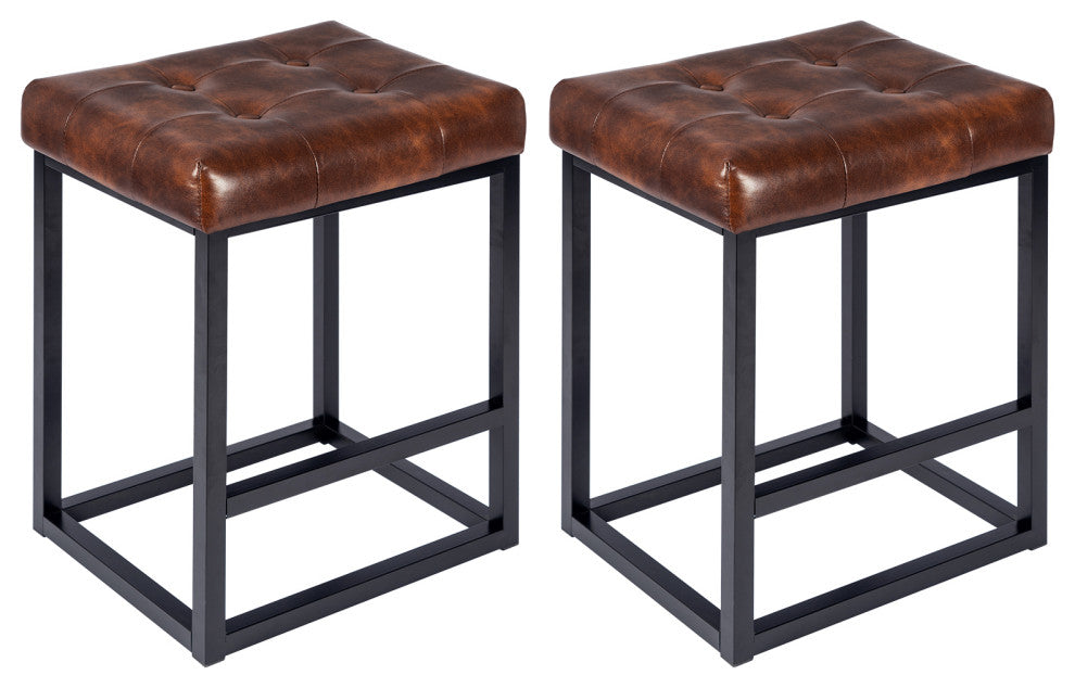 Set of 2 Button Tufted Faux Leather Counter Stools, Dark Brown, 24 in