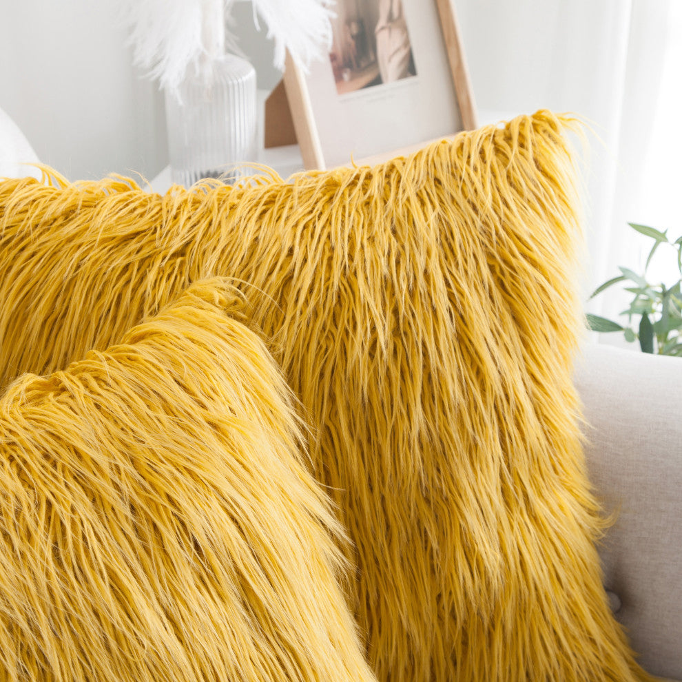 Mongolian Faux Fur Pillow Shell Set, Lemon Curry, 20"x20"
