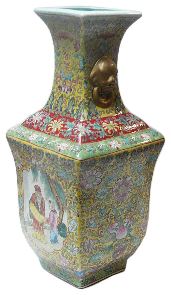 Chinese Yellow Base Canton Famille Porcelain Vase