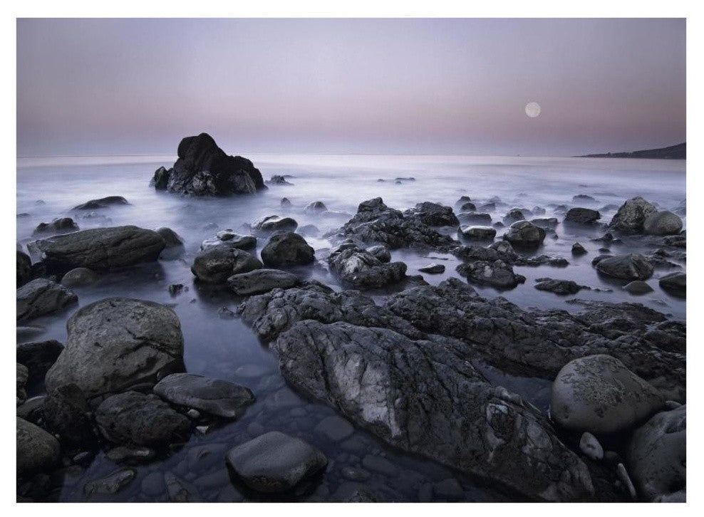 "Full moon over boulders at El Pescador State Beach, Malibu" Paper Art, 34"x26"