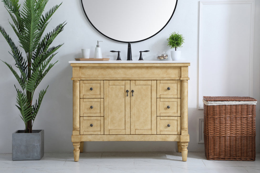 42" Single Bathroom Vanity, Antique Beige With Ivory White Engineered Marble