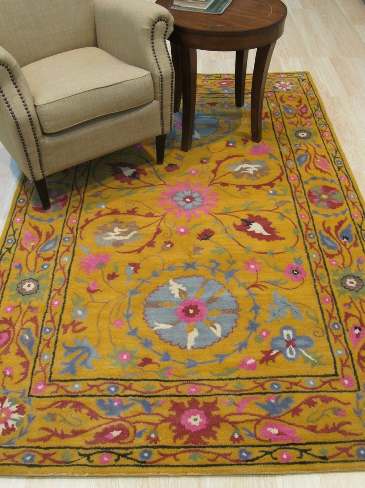EORC Hand-tufted Wool Yellow Traditional Floral Suzani Rug, Rectangular 5'x8'