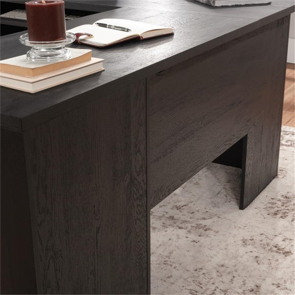 Pemberly Row Contemporary Coastal Engineered Wood L-Desk in Raven Oak