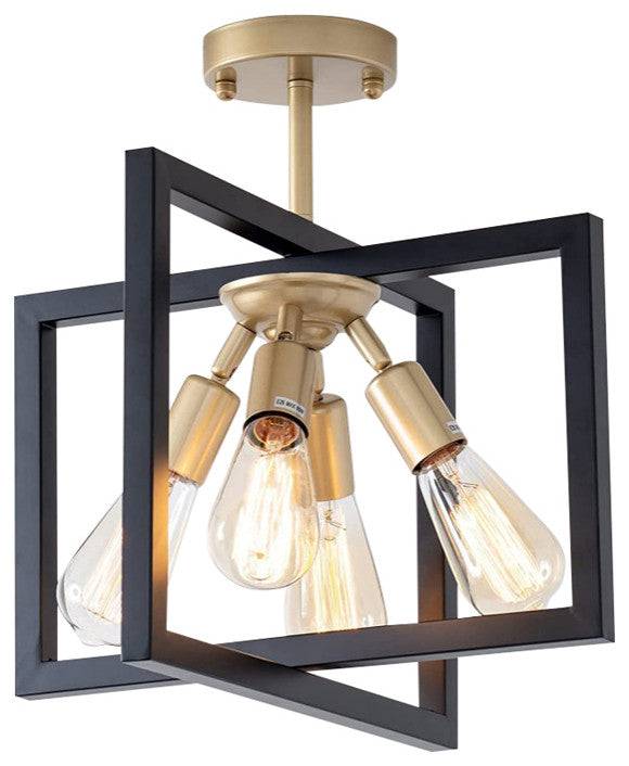 4 Light Industrial Ceiling Light Fixture Black and Gold Rectangle Flush Mount