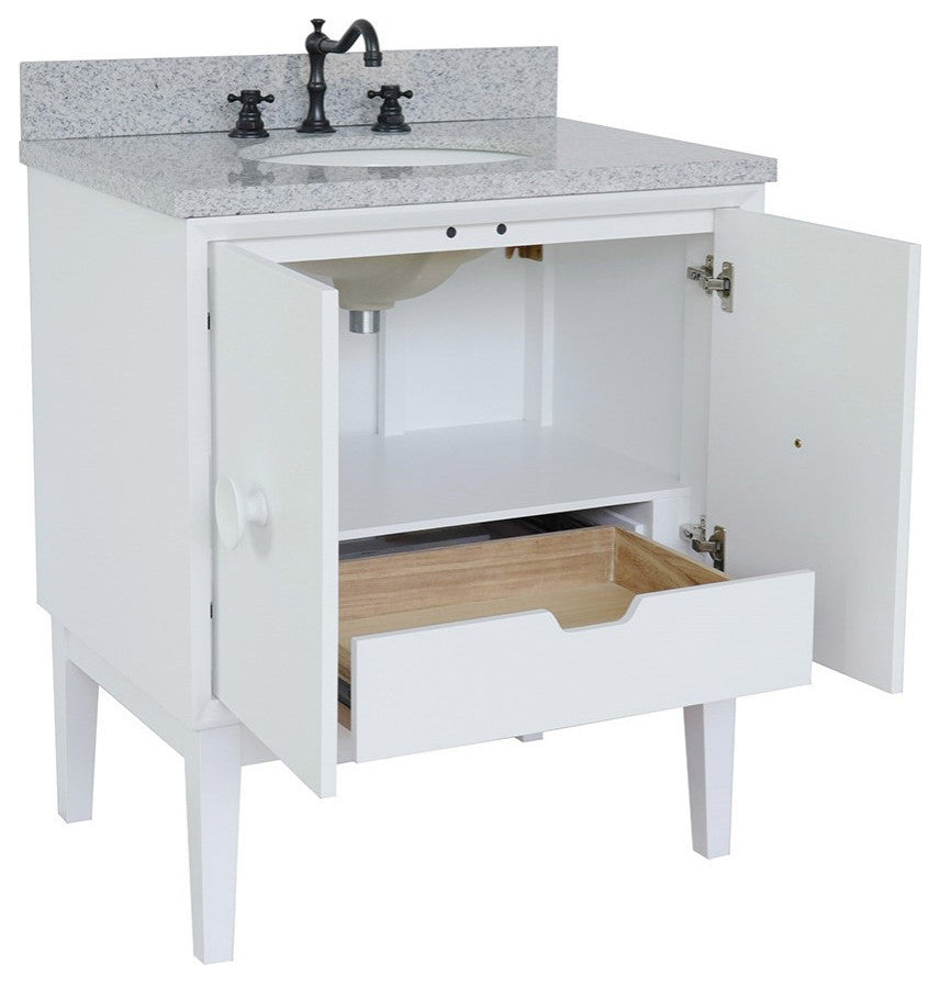 31" Single Vanity, White Finish With Gray Granite Top And Oval Sink