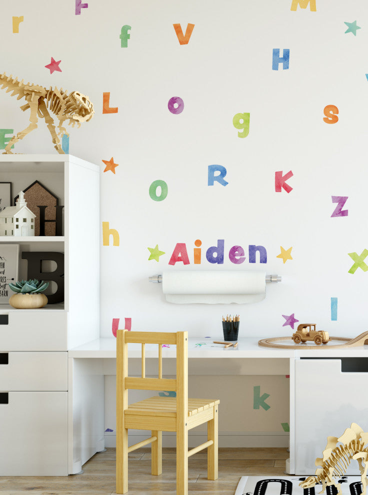 Watercolor Alphabet Vinyl Wall Stickers - Peel and Stick, Rainbow