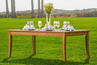9-Piece Teak Dining Set: 122" X-Large Rectangle Table, 8 Lev Stacking Arm Chairs