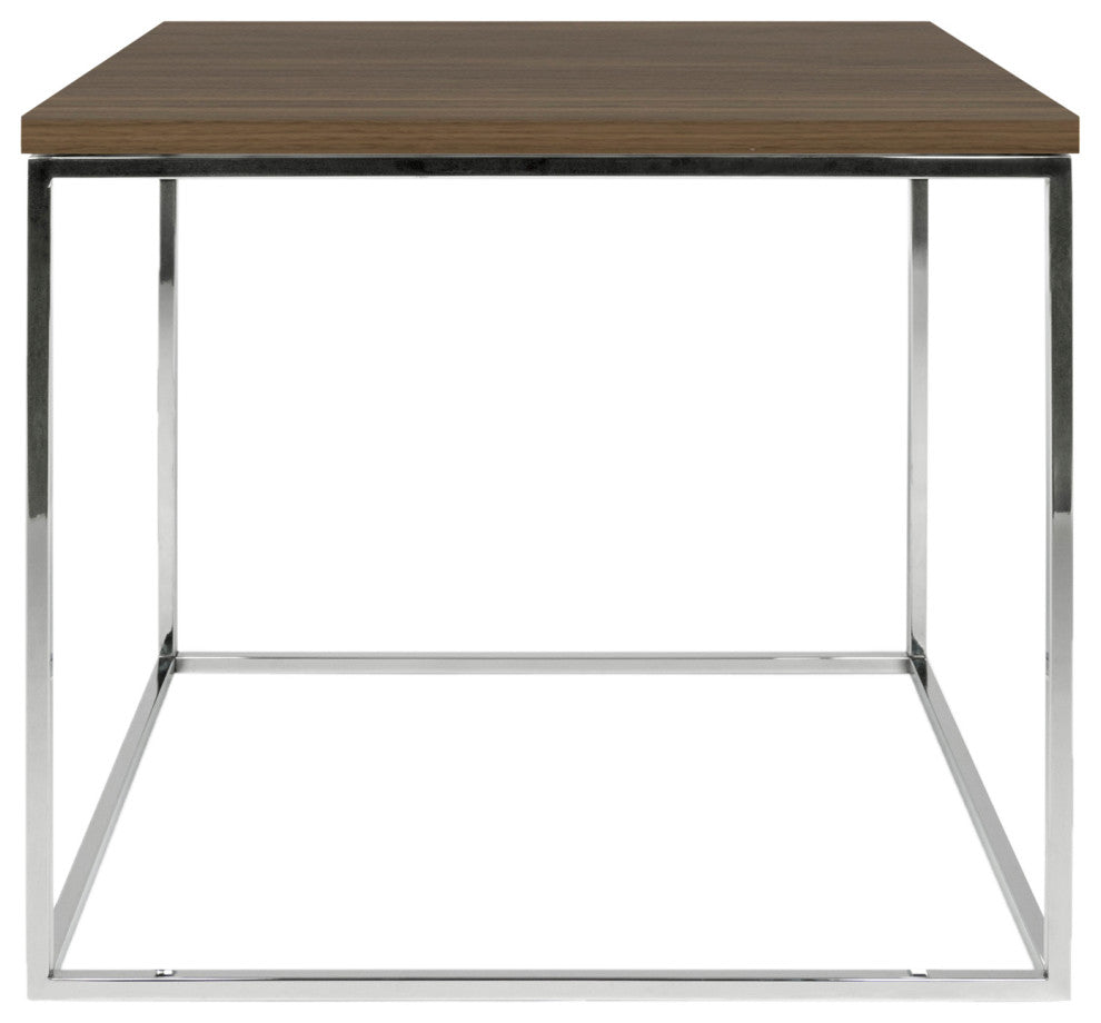 Modern Walnut Minimal Metal Cube Side Table, Walnut/Chrome