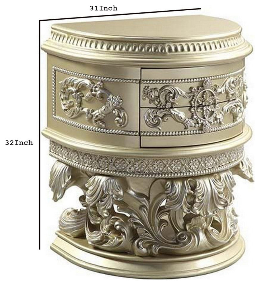 Benzara BM251164 Nightstand With Carvings and Half Moon Shape, Champagne Silver