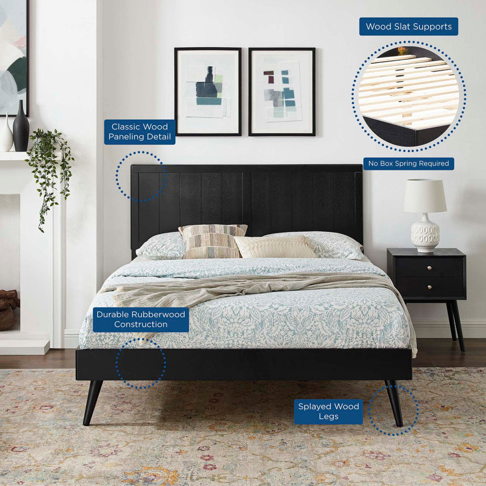 Platform Bed Frame, King Size, Wood, Black, Modern Mid-Century, Bedroom Master
