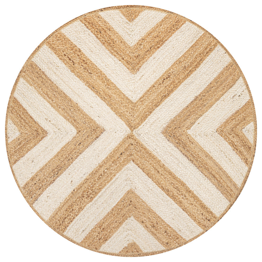 Piper Two-Tone Chevron Round Jute Round Area Rug, Cream/Natural, 5' Round