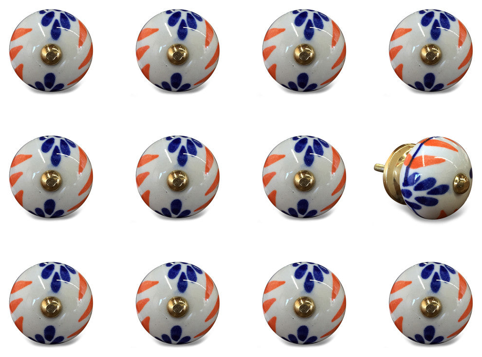 Knob-It Vintage Handpainted Ceramic Knobs, Set of 12, White/Blue/Orange