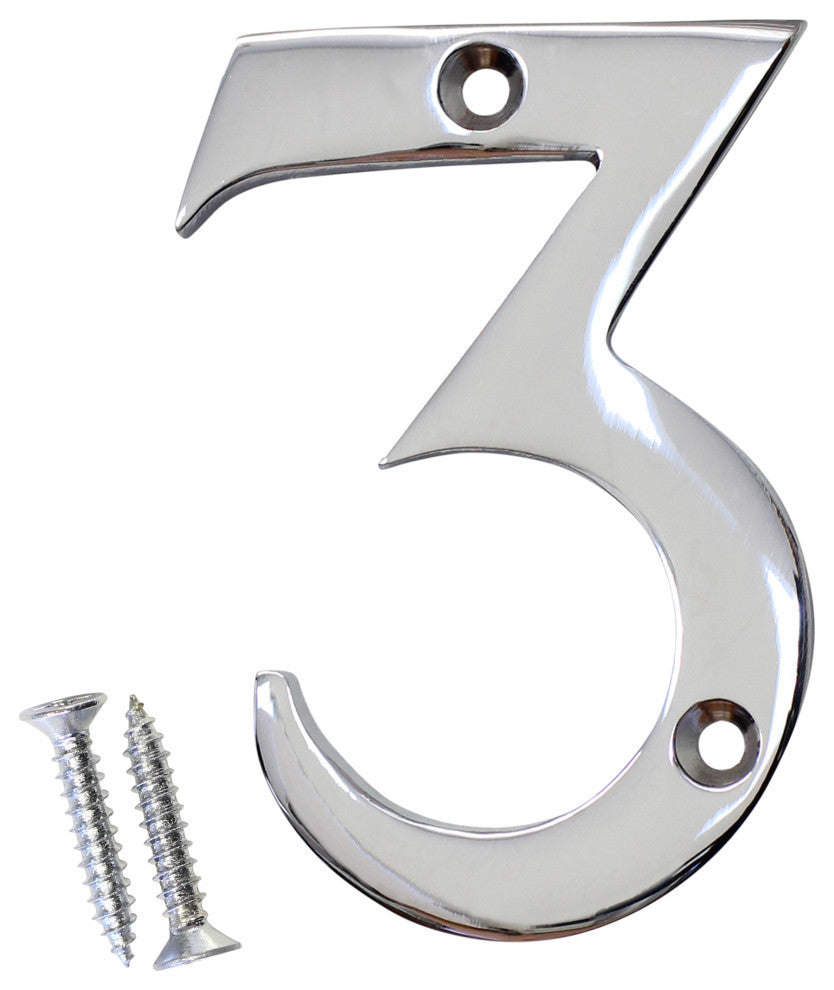 RCH Hardware Brass Modern House Number, 3-Inch, Various Finishes, Polished Chrom