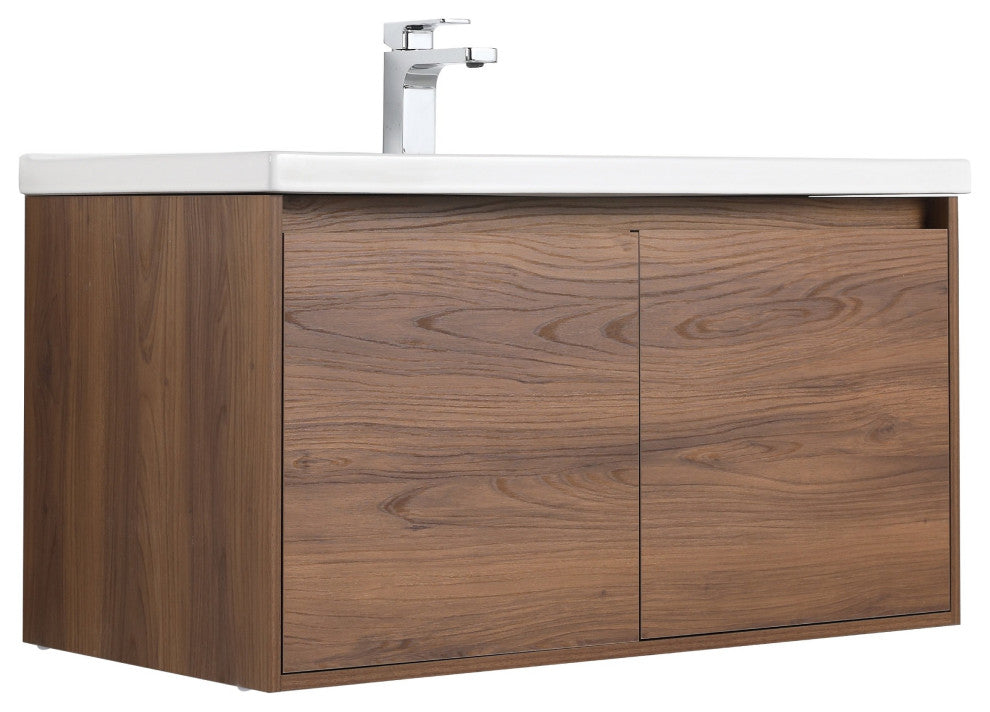 Wall Mounted Bathroom Vanity, Brown Walnut, 36" W/ Sink
