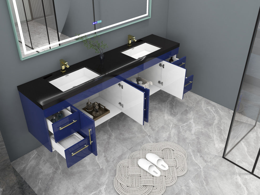 Rosa 84" Wall Mounted Modern Vanity, High Gloss Night Blue, Matt Black Top