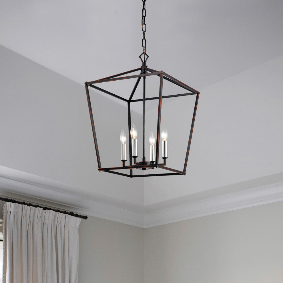 4-Light Oil Rubbed Bronze Lantern Cage Pendant Chandelier