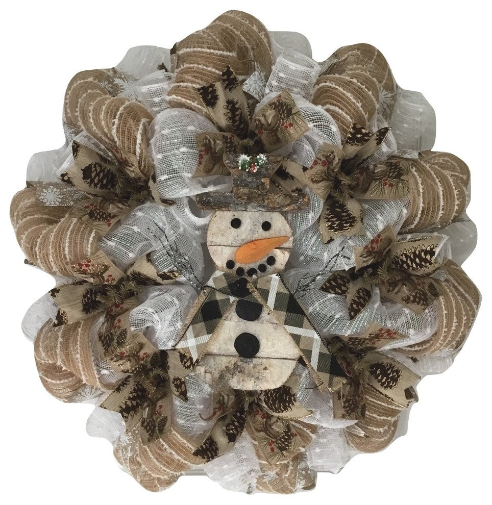 Rustic Woodland Snowman Winter Or Holiday Wreath Handmade Deco Mesh #snowman wre